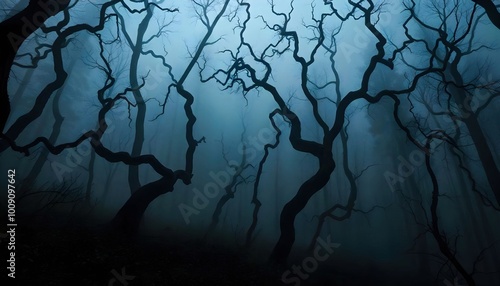 A dark forest with twisted trees shrouded in fog, creating an eerie and chilling atmosphere perfect for a Halloween scene. This haunting backdrop invites imagination and adventure, ideal for storytell photo