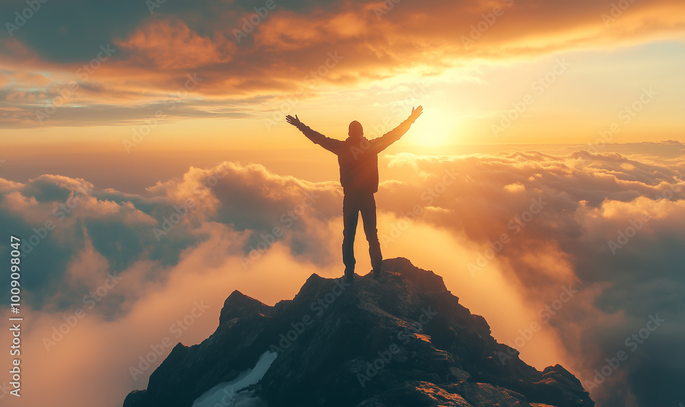 Successful man joy when reaches to his objective. Jump on top of the mountain with arms open to a welcoming new day with sunrise. Successful man joy when reaches to his objective. Jump on top of the mountain with arms open to a welcoming new day with sunrise.