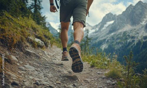 A hiker walks along the path of the autumn forest. Feet close-up. 