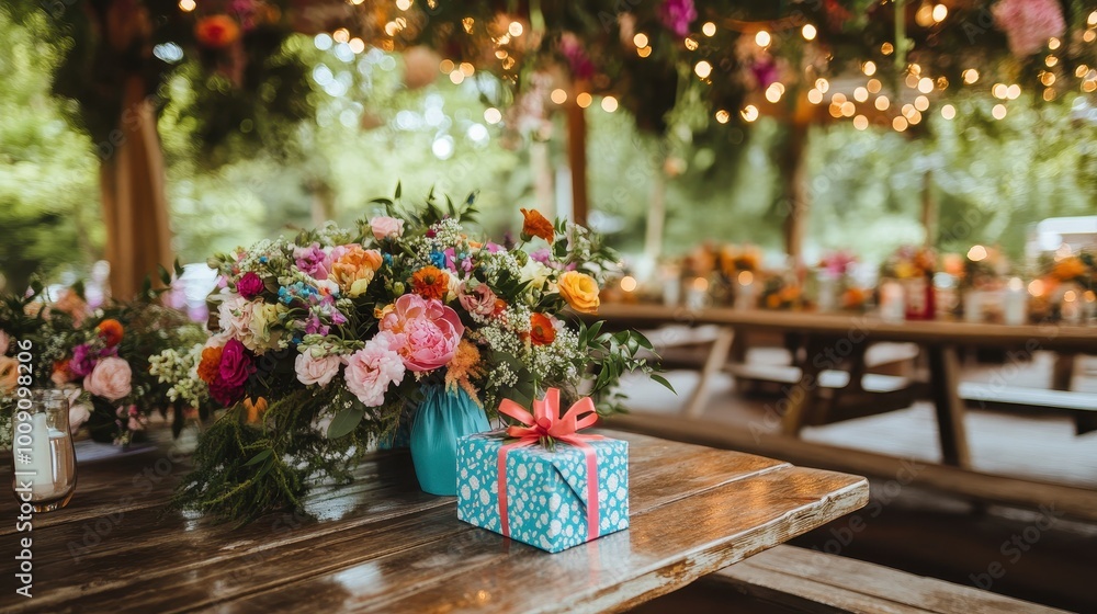 Enchanting Outdoor Wedding Reception with Floral Decor and Festive Lights Enchanting Outdoor Wedding Reception with Floral Decor and Festive Lights