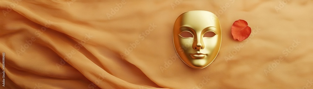 A gold mask resting on a velvet surface, symbolizing mystery and opulence, golden mask, luxurious intrigue A gold mask resting on a velvet surface, symbolizing mystery and opulence, golden mask, luxurious intrigue