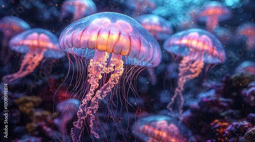 Ethereal Jellyfish in a Colorful Underwater World