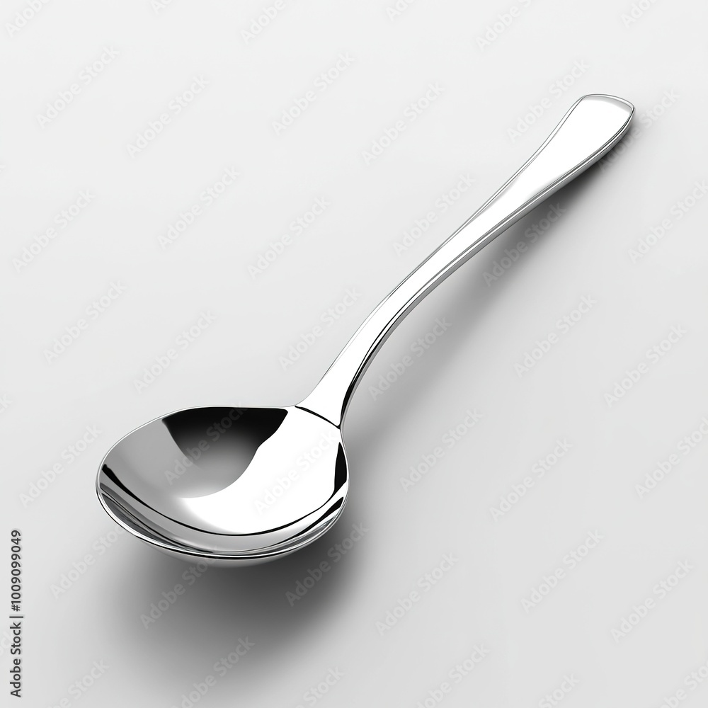 A shiny metal soup spoon resting on a smooth surface, designed for serving or eating. A shiny metal soup spoon resting on a smooth surface, designed for serving or eating.