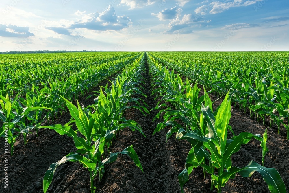 Rows of young corn plants growing in a field. Rows of young corn plants growing in a field.