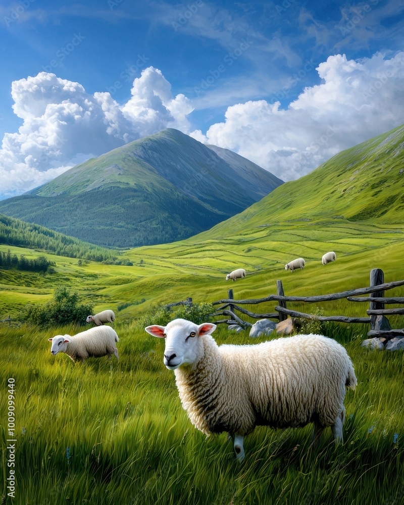 Obraz premium Sheep graze in a lush green meadow with mountains in the background.
