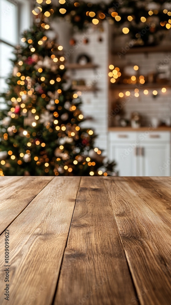 Rustic wooden table in foreground with blurred Christmas tree and festive kitchen decor in background, creating warm and cozy holiday atmosphere. Rustic wooden table in foreground with blurred Christmas tree and festive kitchen decor in background, creating warm and cozy holiday atmosphere.
