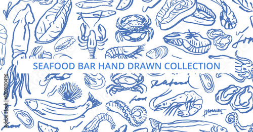 Isolated vector set of seafood. Shrimps, langoustines, prawns, salmon, trout, oysters, mussels, squid, crab, lemon, octopus, rosemary, sea urchin. Hand-drawn seafood delicacy, restaurant. Sketch. 
