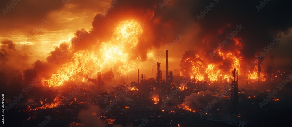 An apocalyptic city engulfed in flames with smoke billowing into An apocalyptic city engulfed in flames with smoke billowing into