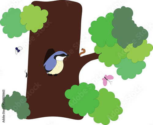 cute blue bird nuthatch sits in a tree hollow in summer, around the tree there are different insects, stock vector, cartoon