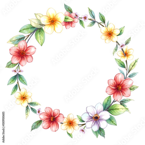 Pastel drawing artistic image of floral wreath as a frame for round white space. some leaves or flowers may overlap that white background. it has to be colorful, look natural. Generative AI