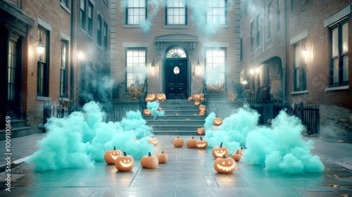 A haunted Victorian house with pumpkins placed on the steps leading up to the front door