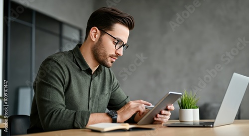 Concentrated Man Working on a Tablet