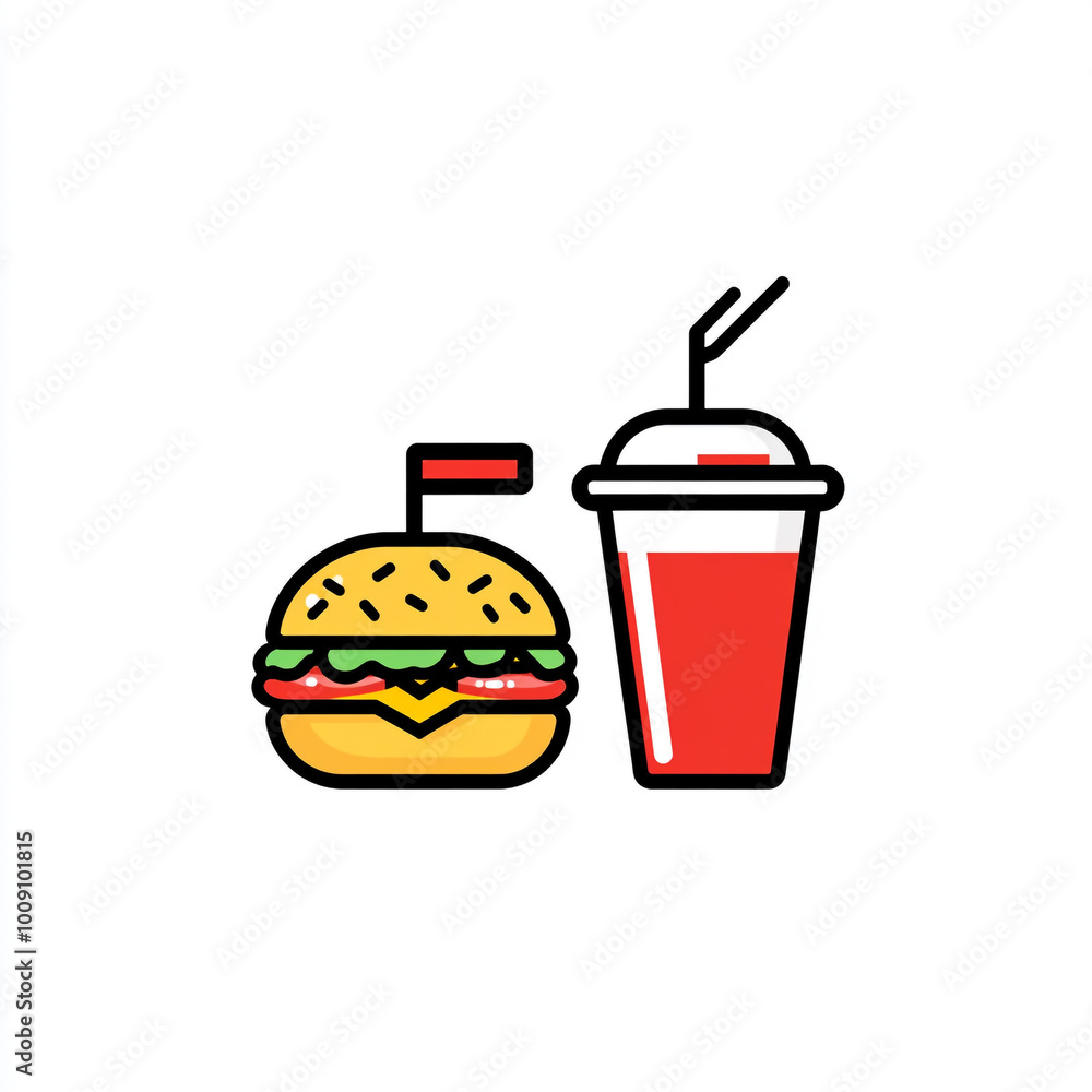 Icon of a burger and drink, in a simple flat style with bold lines, on a white background. Icon of a burger and drink, in a simple flat style with bold lines, on a white background.