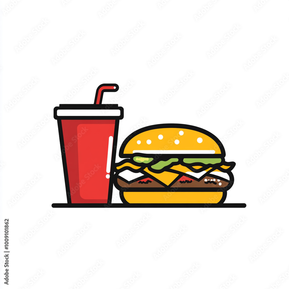 Icon of a burger and drink, in a simple flat style with bold lines, on a white background. Icon of a burger and drink, in a simple flat style with bold lines, on a white background.