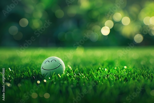 Green smiley golf ball on green grass with bokeh background, Ai Generated