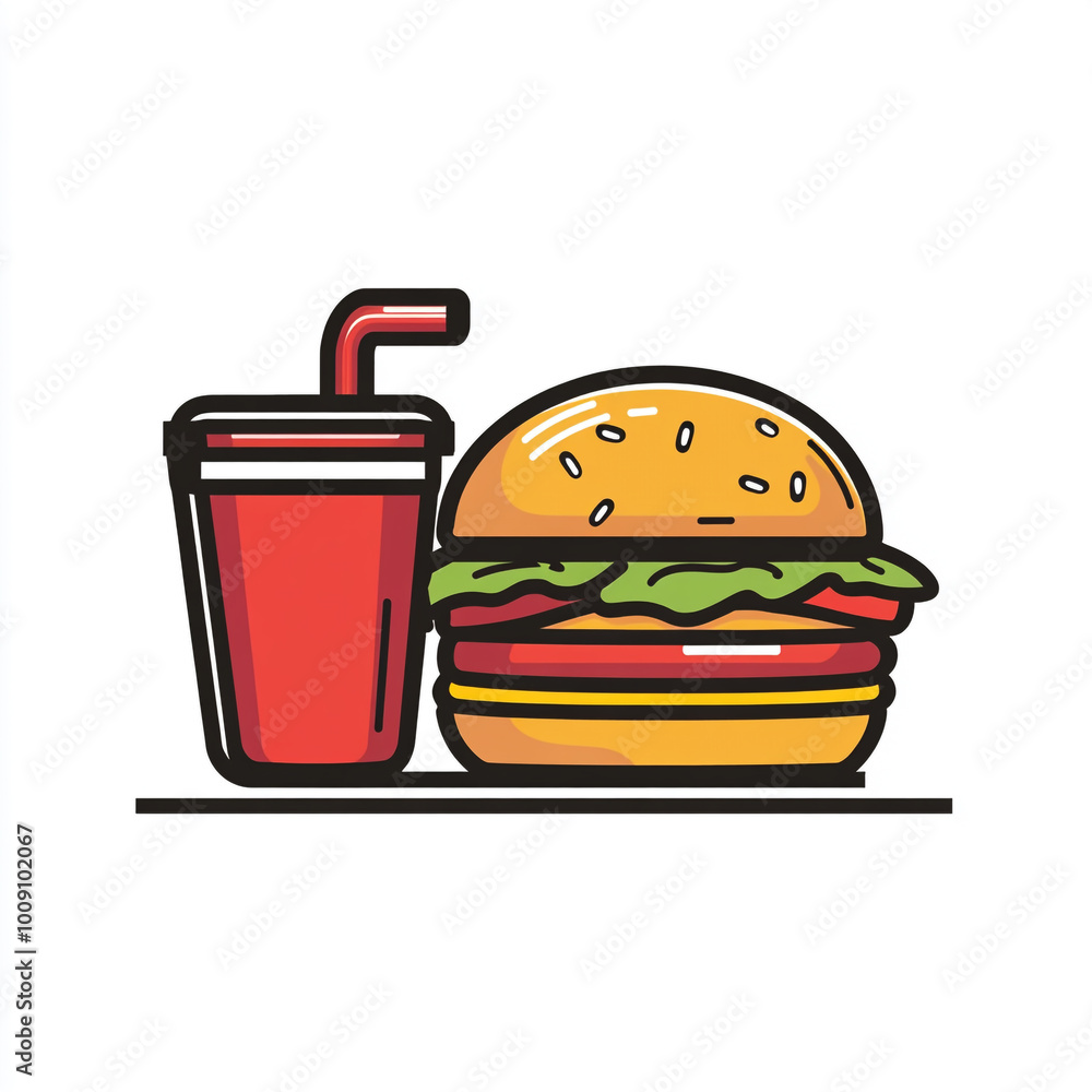 Icon of a burger and drink, in a simple flat style with bold lines, on a white background. Icon of a burger and drink, in a simple flat style with bold lines, on a white background.