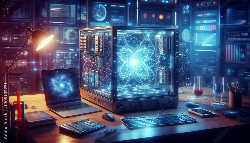 Quantum computer generating complex solutions in a modern tech lab environment,generative ai Quantum computer generating complex solutions in a modern tech lab environment,generative ai
