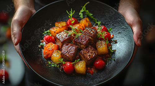 A Chef Holding Out an Elegant Black Plate Filled with Exquisite Culinary Creations, Highlighting the Artistry and Passion of Gourmet Cooking, Perfectly Showcasing the Intersection of Fine Dining and C