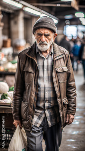 Elderly man walking in market with bag, dressed in warm jacket and hat