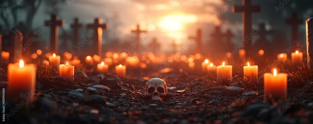 Candlelit Path Through Cemetery with Glowing Skulls Candlelit Path Through Cemetery with Glowing Skulls