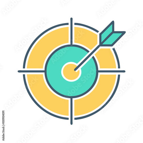 Target with arrow icon in teal and yellow, focus and goal symbol in modern flat design