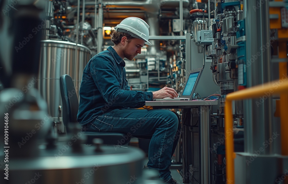An engineer with a hard helmet sits at a desk with a laptop, checking machinery in a contemporary industrial facility. An engineer with a hard helmet sits at a desk with a laptop, checking machinery in a contemporary industrial facility.