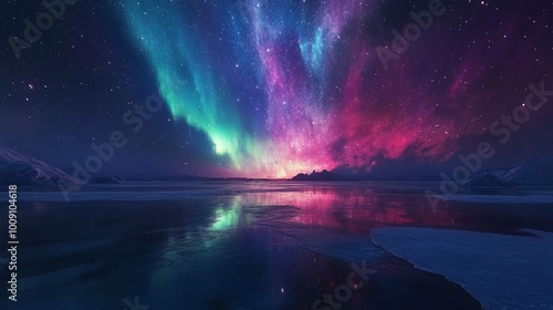 The Northern Lights shine in the starry sky above a frozen lake in Antarctica, multi-colored lights reflecting off the ice. Hyperrealistic 4K photo.