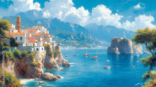 A Panoramic View of the Amalfi Coast Showcasing Its Colorful Cliffside Villages, Sparkling Mediterranean Sea, and Lush Greenery, Capturing the Essence of Coastal Beauty and Tranquility in a Breathtaki photo