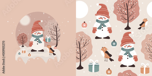 A snowman and birds in a fabulous winter forest with gifts and toys in the snow. Children's seamless drawing, vector background. Perfect for fabric, textiles, baby bedding, wallpaper and more.