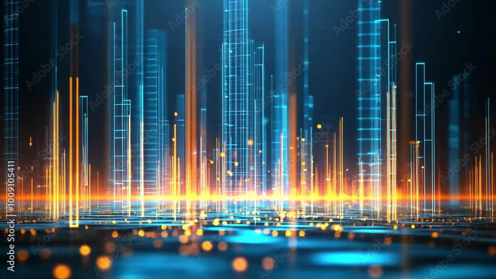 custom made wallpaper toronto digitalA futuristic cityscape featuring tall, glowing skyscrapers illuminated in vibrant neon colors, reflected on the shimmering waters below. The bustling metropolis exudes energy and high-tech innovation