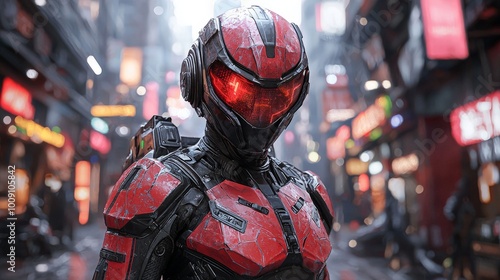 A highly detailed image of a futuristic soldier in red and black armor standing in a cyberpunk city street. The glowing red visor adds a menacing touch, perfectly blending with the neon lights of the photo