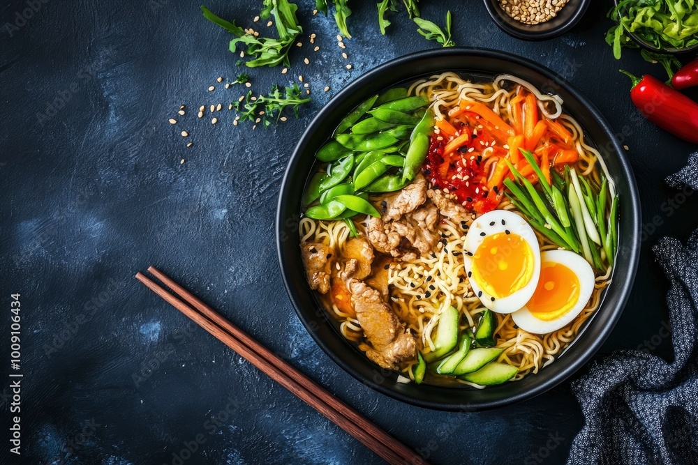 Ramen: Japanese noodle soup with broth, meat, eggs, and vegetables - generative ai Ramen: Japanese noodle soup with broth, meat, eggs, and vegetables - generative ai