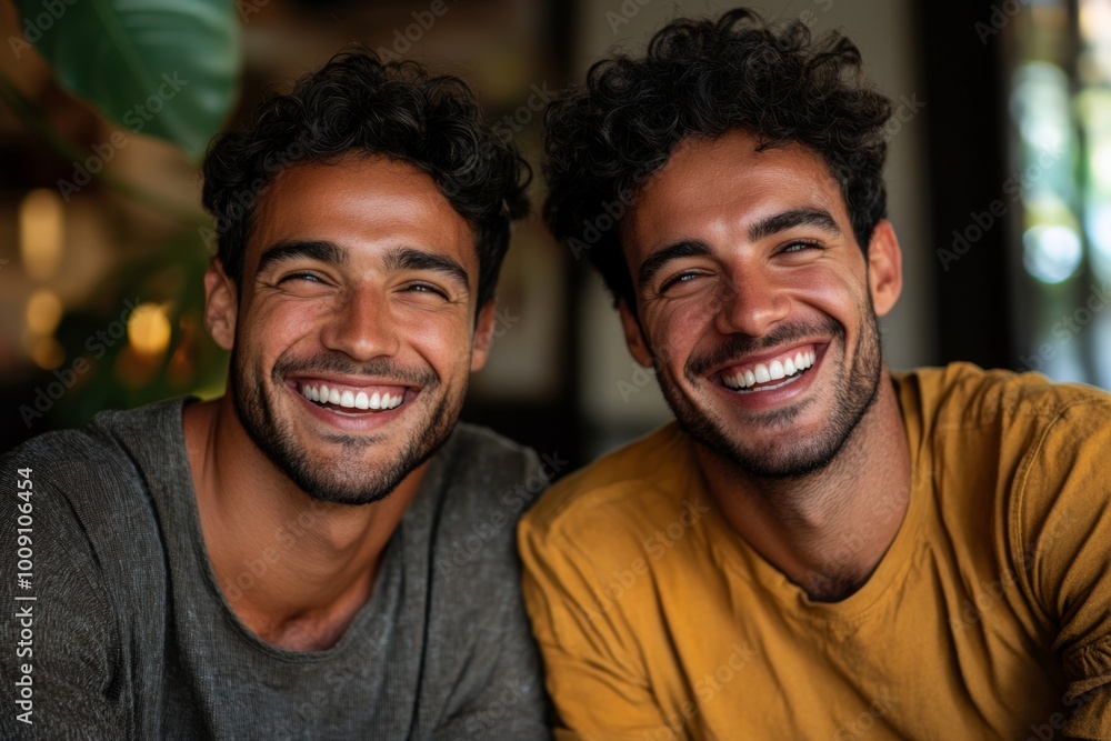 Lovely gay couple laughing together at home, Generative AI Lovely gay couple laughing together at home, Generative AI