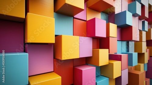 Stack of different colored 3D boxes in various sizes, arranged in a creative pattern.