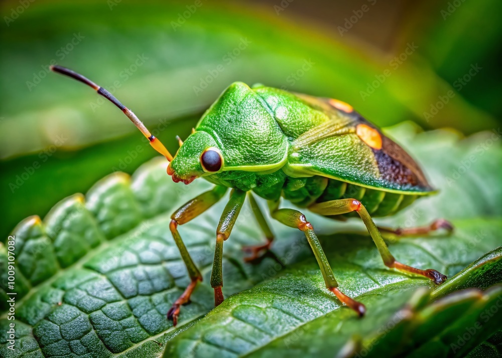 Close-up of a vibrant green hard shell bug resting on a leaf in a natural outdoor environment Close-up of a vibrant green hard shell bug resting on a leaf in a natural outdoor environment