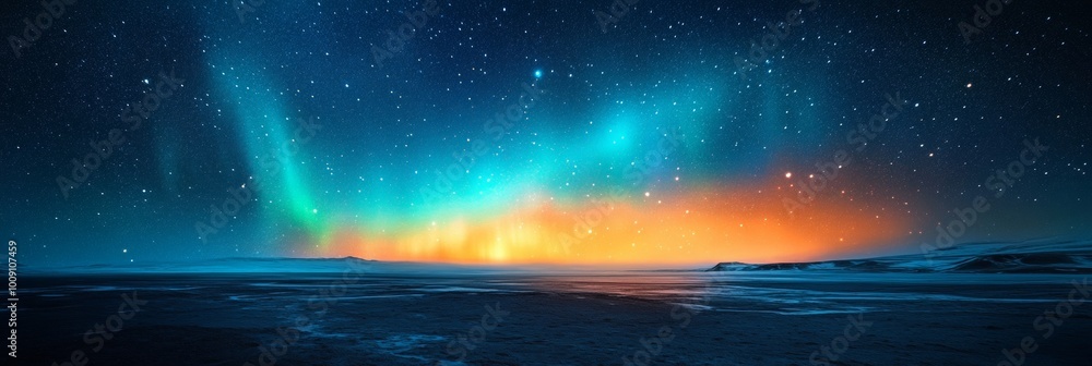 Fototapeta premium Aurora Borealis Dance, vibrant colors swirling in the night sky, stars twinkling above a softly blurred landscape, serene and magical atmosphere