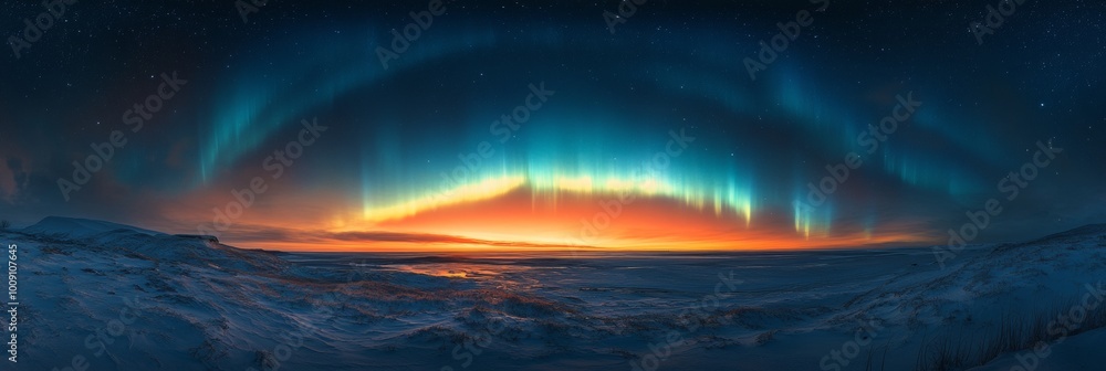 Naklejka premium Enchanting aurora borealis dances across a star-filled sky, ethereal colors illuminating a softly blurred landscape below