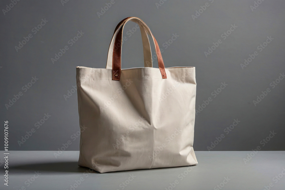 White canvas bag with brown handle stands on gray surface. Eco-friendly tote bag, minimalist shopper mockup. White canvas bag with brown handle stands on gray surface. Eco-friendly tote bag, minimalist shopper mockup.