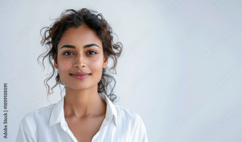 A confident young woman with curly hair stands with a gentle smile wearing a white shirt. A confident young woman with curly hair stands with a gentle smile wearing a white shirt.