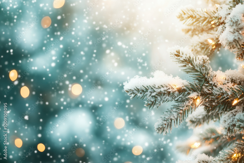 Festive winter scene, softly blurred Christmas tree adorned with snow, creating a cozy holiday atmosphere. Festive winter scene, softly blurred Christmas tree adorned with snow, creating a cozy holiday atmosphere.