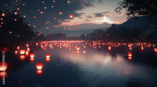 Dozens of red lanterns floating gently on calm river, reflections shimmering in still water under a dark night sky with faint moon. Warm glow creates serene, magical atmosphere 