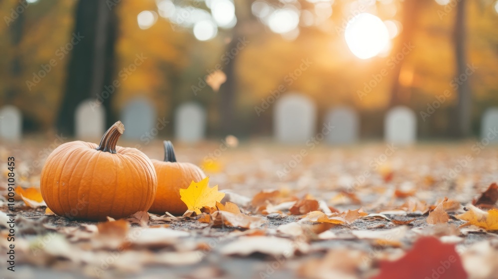 A spooky fog-covered graveyard with ancient tombstones and pumpkins placed around the graves A spooky fog-covered graveyard with ancient tombstones and pumpkins placed around the graves