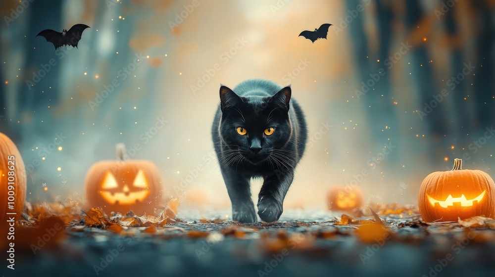 A black cat is walking through a forest with pumpkins and bats A black cat is walking through a forest with pumpkins and bats