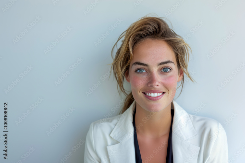 A young woman beams with confidence while leaning against a smooth light-colored wall. A young woman beams with confidence while leaning against a smooth light-colored wall.