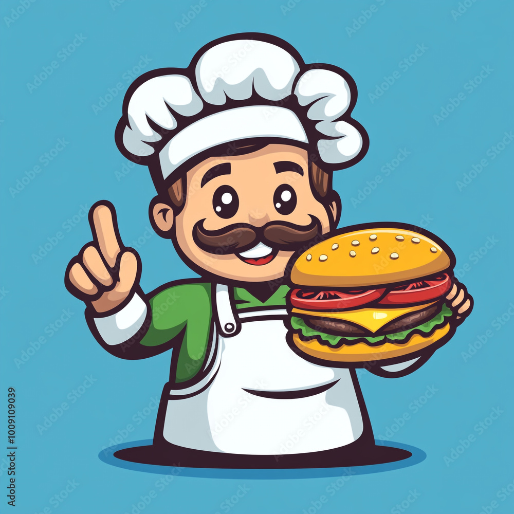 A cartoon chef holding a burger and pointing up, logo design on a blue background in a simple and flat style. A cartoon chef holding a burger and pointing up, logo design on a blue background in a simple and flat style.