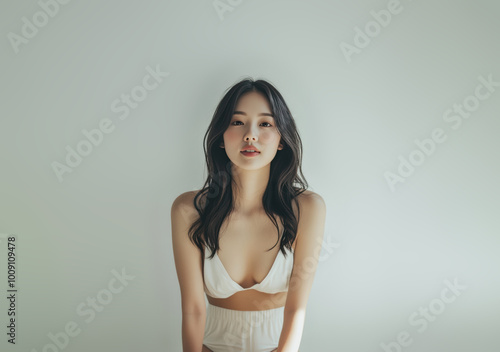 A senior Asian woman with shoulder-length hair poses in a bikini, exuding confidence and grace against a clean white background.