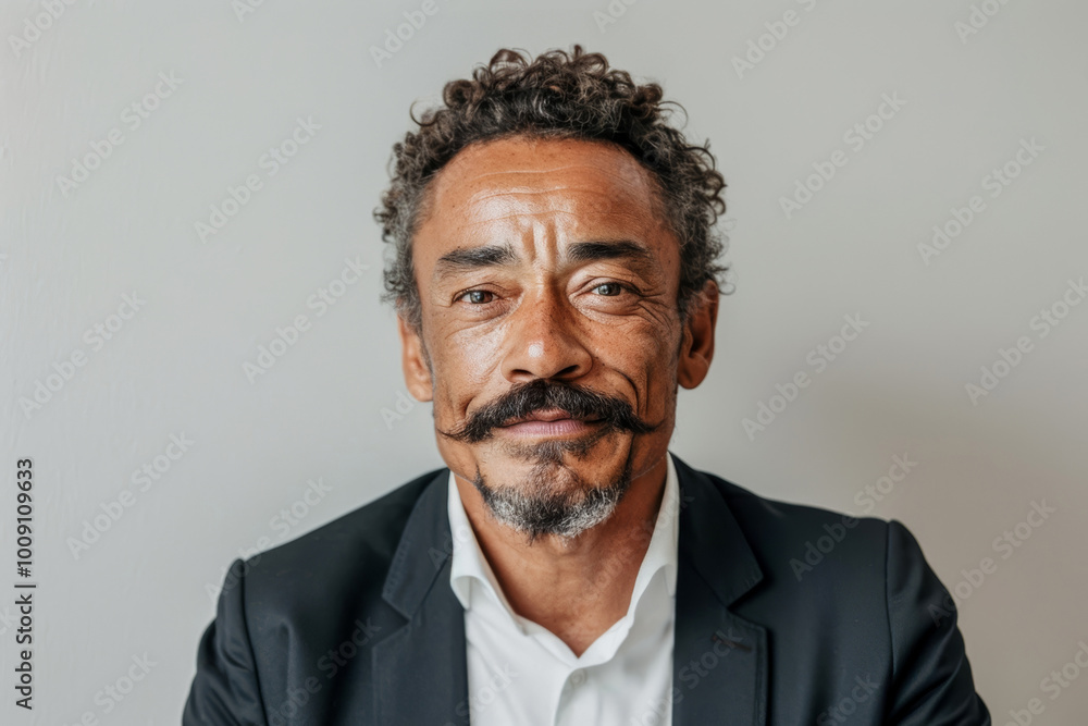 Fototapeta premium Middle-aged man with curly hair and a mustache is dressed in a black suit.