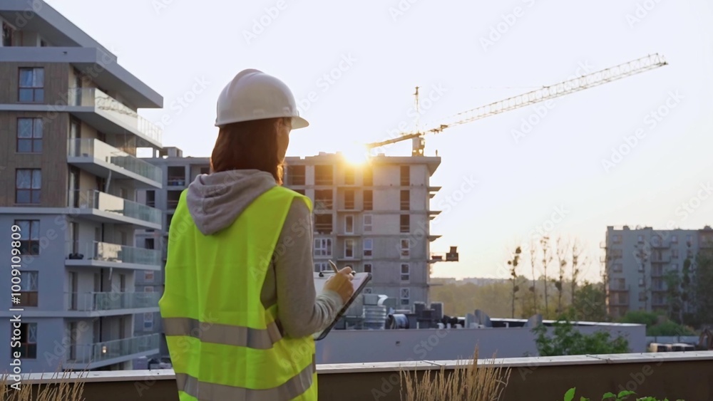 Construction female engineer taking notes and writing on clipboard while inspecting a building site Construction female engineer taking notes and writing on clipboard while inspecting a building site