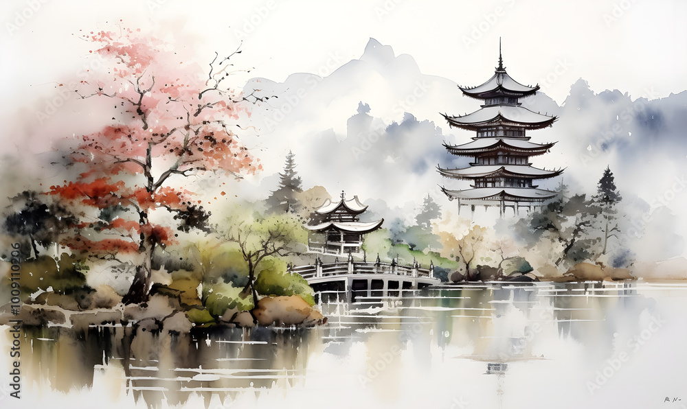 Obraz premium The motif of the painting includes landscape painting in the Japanese sumi-e style. Pagoda temples in rural landscape with forest with pond and mountain foggy landscape. Ink painting style.