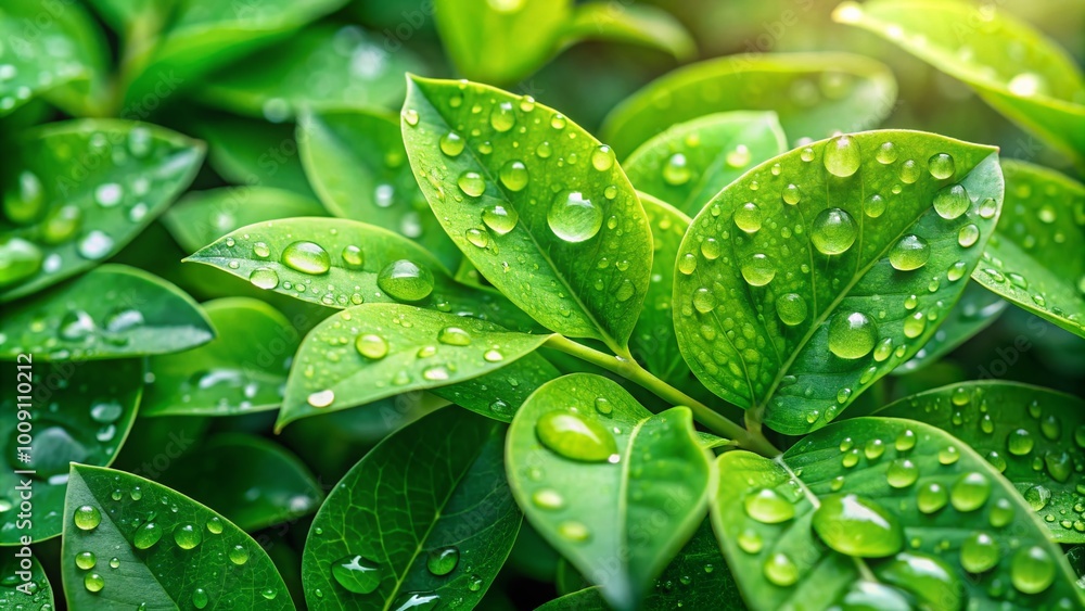 Close-Up of Fresh Green Leaves with Water Droplets on a Natural Background in Soft Morning Light Close-Up of Fresh Green Leaves with Water Droplets on a Natural Background in Soft Morning Light